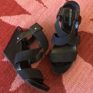 BCBGGeneration Black Wedge Sandals 8.5